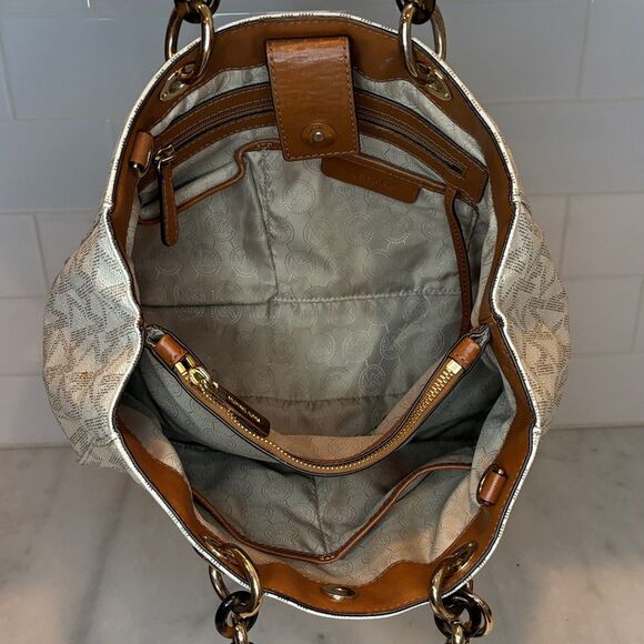 Michael Kors Cynthia Vanilla PVC Medium Signature Logo Satchel - Picture 11 of 16